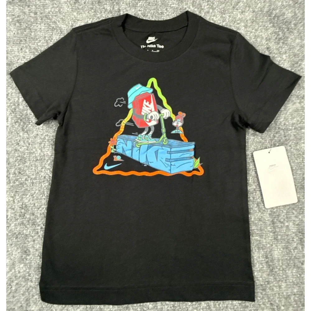 Nike Boys Size 5 Graphic T-Shirt Black Short Sleeve Cartoon Scooter NWT